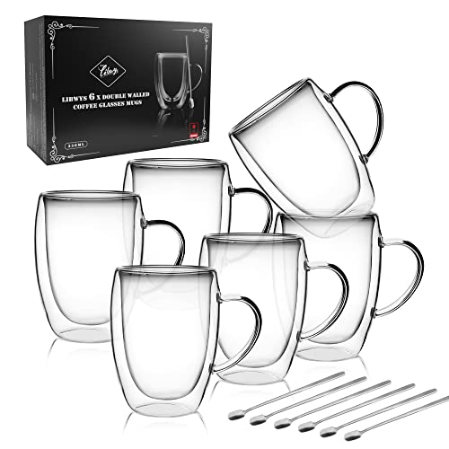 Double Walled Borosilicate Glass Coffee Cups Set - 6 Pack 350ml with Spoons