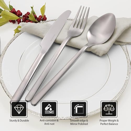 KINGSTONE 40-Piece Matte Silver Flatware Set for 8 - Modern Stainless Steel Cutlery