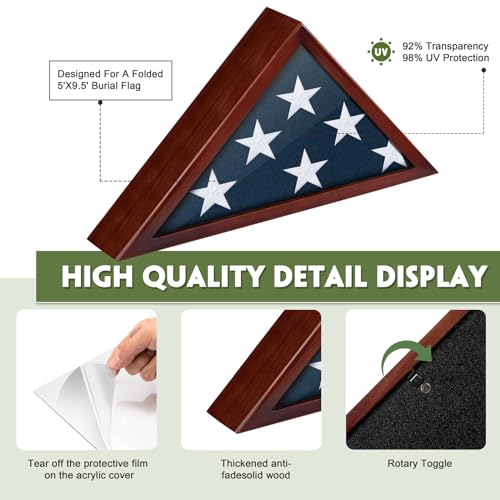 DANF FLAG 5x9.5 Red Burial Flag Display Case Glass Front Wood Memorial