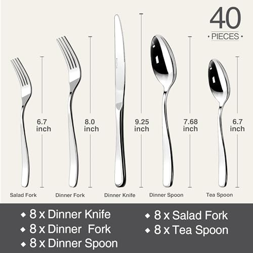 Stilloye Heavy Duty 18/10 Stainless Steel Flatware Set for 8 - 40 Pieces