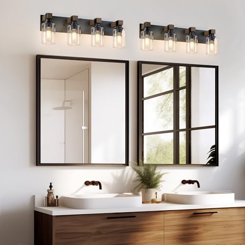 Farmhouse 4-Light Bathroom Vanity Light Fixture, Black & Wood Finish