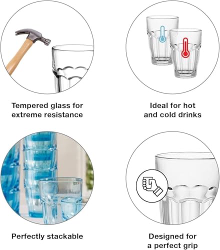 Bormioli Rocco Rock Bar 12.5oz Clear Stackable Drinking Glasses Set of 6 – Dishwasher Safe