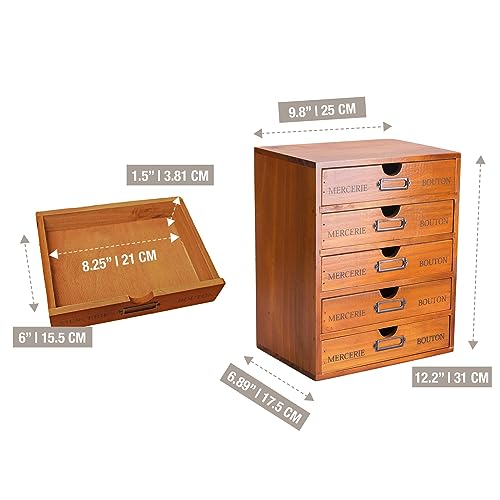 Vintage Wooden 5-Drawer Desk Organizer - Craft Storage & Rustic Shelf, Stackable