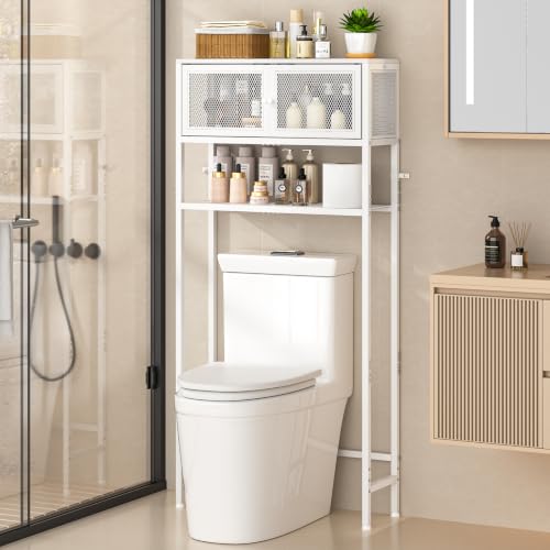 Over Toilet Storage Cabinet with Doors - White Bathroom Organizer Shelf