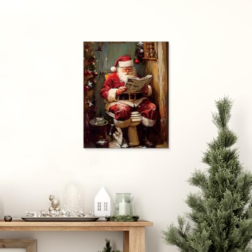 XIPLUM Funny Christmas Bathroom Canvas Wall Art Framed Santa on Toilet 8x10 in - Holiday Humorous Poster