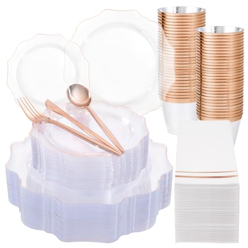 350Pcs Rose Gold Disposable Plates Set for Parties - Clear Plastic Dinnerware, 50 Guests