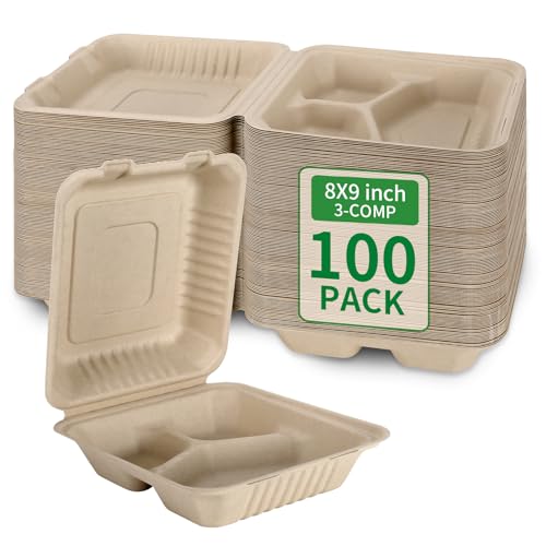 Aricsen 100 Pack 8x9 Inch Eco-Friendly 3-Compartment Takeout Food Containers