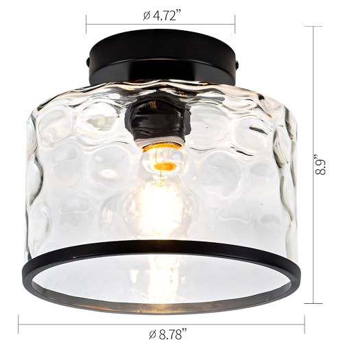 Zlepmlla Glass Ceiling Light - Black Hammered Glass Shade, Farmhouse Semi Flush Mount with Variation Black Wave