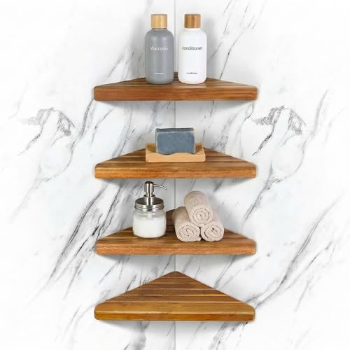 ENKEZI 4-Tier Corner Shower Shelf Set Triangular Wooden Bathroom Storage