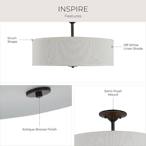 Progress Lighting Inspire Antique Bronze 3-Light Fabric Semi-Flush Ceiling Light with Off-White Linen Shade