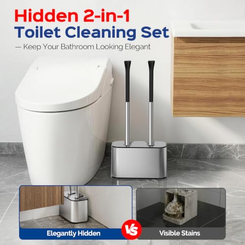 HAMITOR Silver S-Shape 2-in-1 Toilet Brush & Plunger Set with Hidden Holder, Rust-Proof Stainless Steel