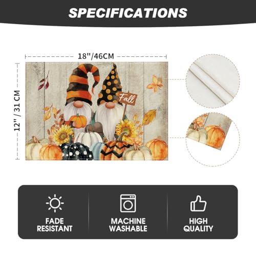Artoid Mode Wood Gnomes Pumpkins Fall Placemats Set of 4, 12x18 Inch Seasonal Thanksgiving Table Mats for Party Kitchen Dining Decoration