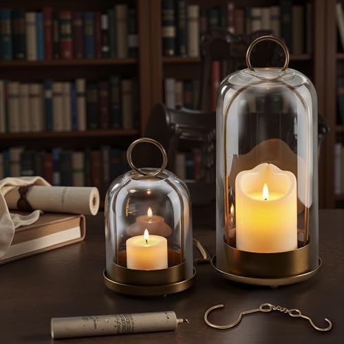 Gold Large & Medium Hurricane Glass Candle Holders with Chains - Vintage Brass Lanterns Set