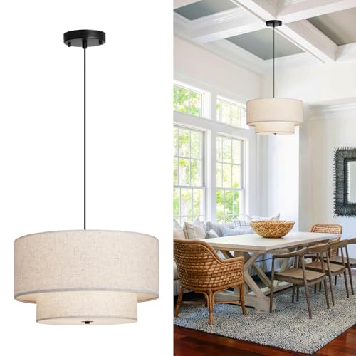 18-Inch Modern Double Drum Fabric Pendant Light for Dining & Living Rooms