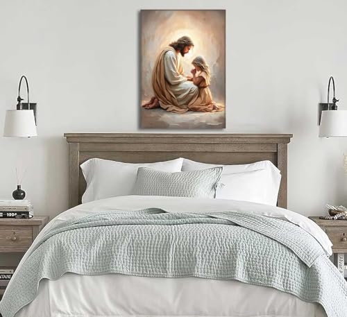 EFGETTPD Jesus Praying with Girl Canvas Wall Art 36x24 in Religious Decor