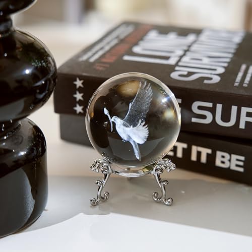 Pigeon 3D Inner Carving Crystal Ball Paperweight with Silver Stand – Keepsake for Christmas & Anniversary