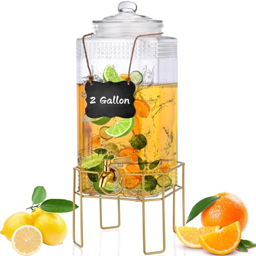 FUREEY 2 Gallon Beverage Dispenser with Stand, Glass Lid & Stainless Steel Spigot
