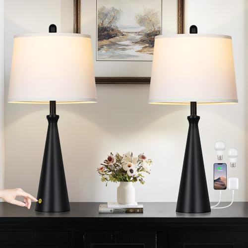 Black 28-Inch Touch-Control Table Lamps Set of 2 with USB Ports - Modern Bedside & Living Room Lighting