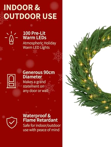 NUPTIO 36 Inch Large Outdoor Prelit Norfolk Pine Christmas Wreath (120 cm)