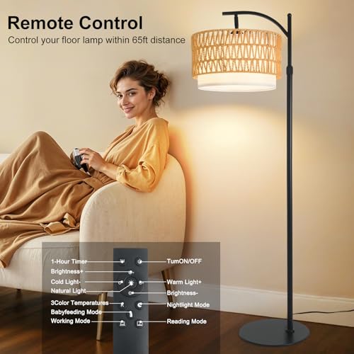 Country Black Rustic Farmhouse Floor Lamp with Woven Rattan Shade - 12W LED Dimmable Tall Standing Light for Living Room - DRAWNCAT