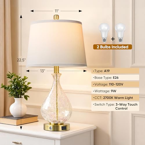 Gold & Clear Crackle Glass Bedside Lamps Set of 2 - Modern Touch Dimmable Nightstand Lights with USB Ports