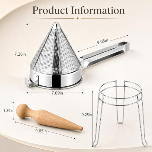 Stainless Steel Chinois Strainer Set with Stand & Pestle for Sauces and Purees