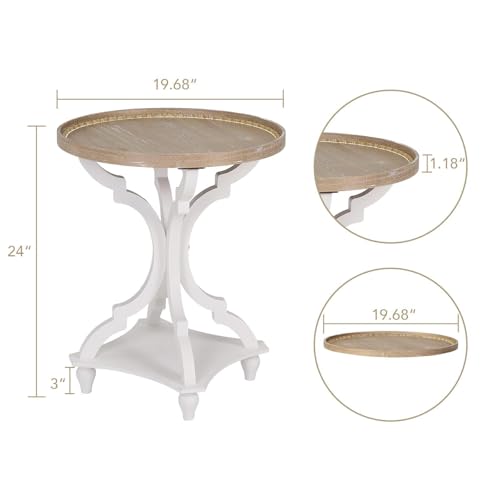 Wnutrees Farmhouse Round Accent End Table White - No Power Strip, Rustic Style