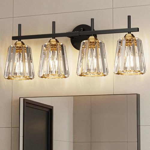 Crystal Bathroom Light Fixtures Over Mirror Black Gold 4-Lights Vanity Wall Sconces with Ceramic E26 Base - Modern Style