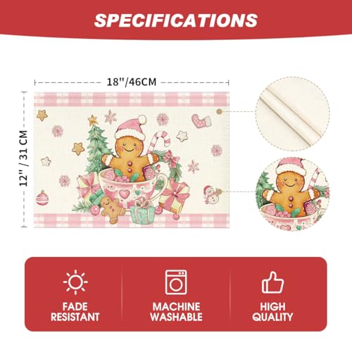Artoid Mode 12x18 Pink Gingerbread Placemats (Set of 4) Christmas Holiday Table Mats