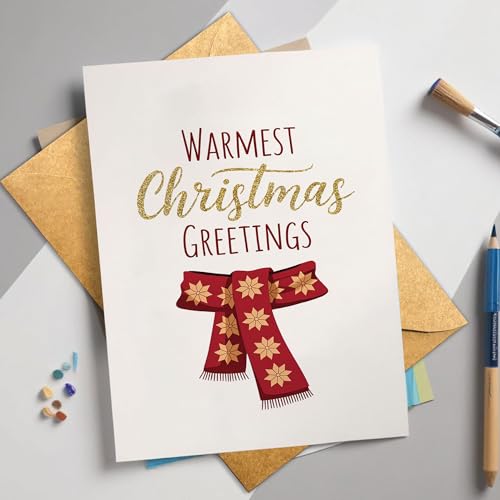 Warm Christmas Greetings Card with Red Scarf & Gold Accents - Holiday Stationery (5.3x8in)