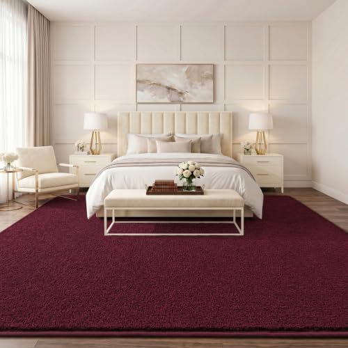 7x10 Burgundy Red Room Rug - Soft Fluffy Washable Low Pile Non-Slip Carpet for Bedroom & Living Room