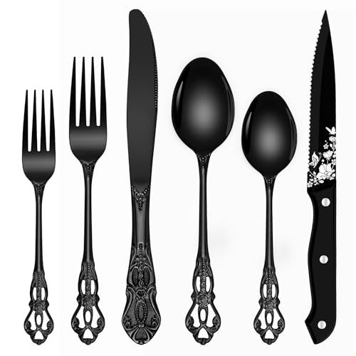 Black Silverware Set for 8 - 48 Pcs Retro Royal Flatware Stainless Steel