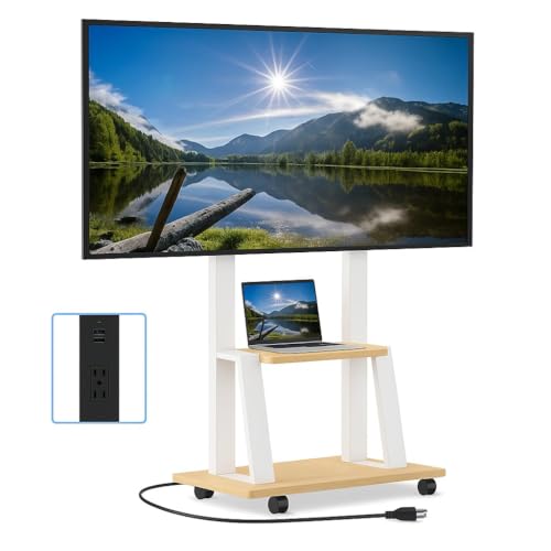 DIOOSN Maple Rolling TV Stand for 32-80 Inch TVs with Power Outlet & Adjustable Height