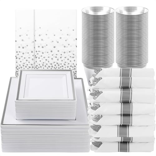 Silver Square Plastic Plates Set for 50 Guests - Elegant Disposable Dinnerware