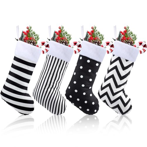 Realspring 4 Pcs Black & White Christmas Stockings Stripes and Dots (Stripes and Dots)