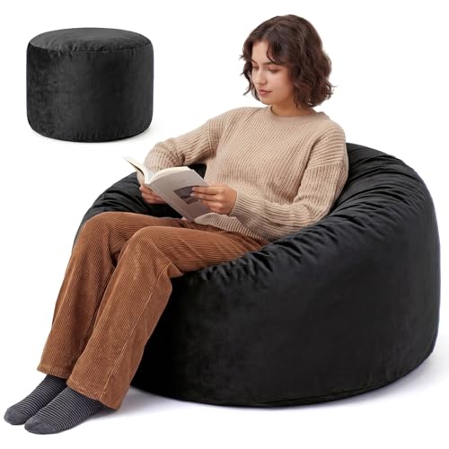 Yagamo 3FT Jet Black Memory Foam Bean Bag Chair with Washable Velvet Cover