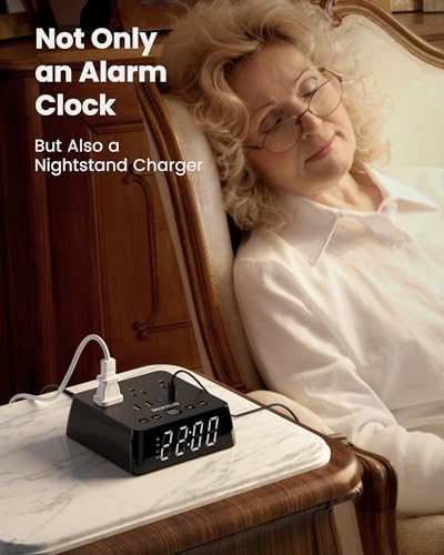 JACKYLED Black Alarm Clock with 4 USB Chargers & Power Outlets, Dimmable LED Display