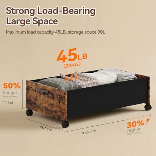 Rustic Brown 90L Under Bed Storage with Wheels - Space Saving Tall Organizer