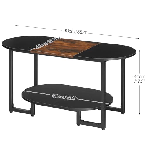 Oval Rustic Brown and Black Coffee Table with 2-Tier Storage - Wooden Center Table