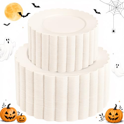 100pcs Ivory Plastic Plates - Fancy Scalloped Dinner & Dessert Plates for Party