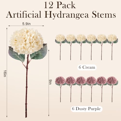 Artificial Hydrangea Flowers 12 Pack for Christmas Wreaths & Home Decor