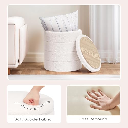 PINPLUS Cream Round Folding Storage Ottoman with Tray - 14.6 Inch Diameter