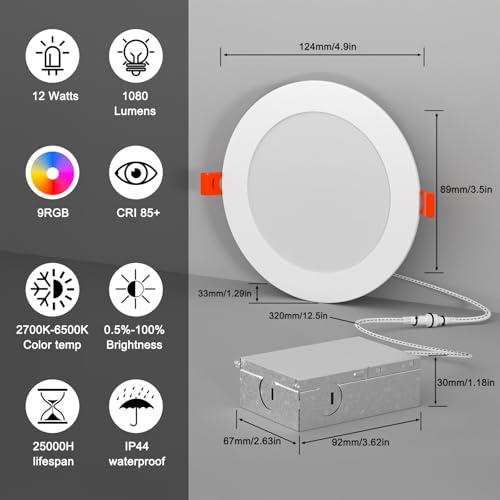 4-Inch RGB+CCT Recessed LED Downlights with Remote - 12 Pack, White Shell