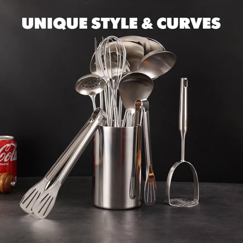 Stainless Steel Cooking Spoons Set 16 Pieces - All Metal Utensils, Includes Tongs & Ladles