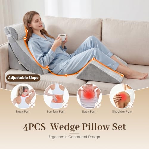 Adjustable Wedge Pillow Set 4PCS Support for Pain-Free Recovery Gray + Light Gray