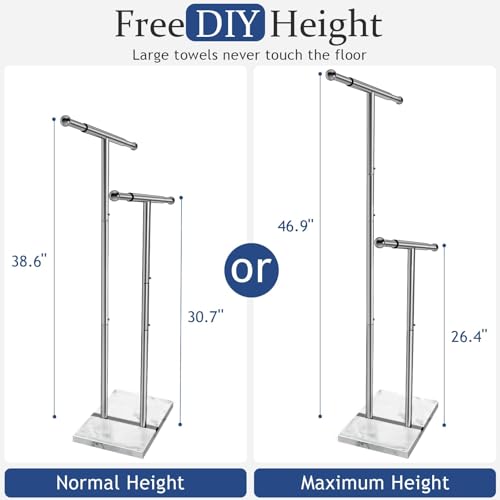 Silver 40'' Stainless Steel Towel Rack with Marble Base, 2-Tier Adjustable