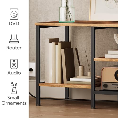 55 Inch Rustic Brown & Black TV Stand with Power Outlets, Open Shelves - Supports 65" TV