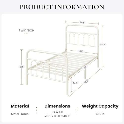 Cream Twin Size Metal Platform Bed Frame with Headboard - Elegant & Durable