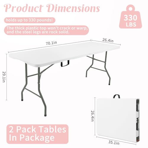 Fivenl 6ft Foldable Plastic Table 2 Pack White Portable Camping & Party Table