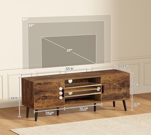 55 Inch TV Stand with Rustic Brown Finish - Adjustable Shelf & Storage Cabinets - 53.9" Length